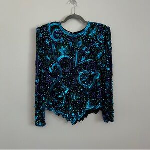 Vintage 80s Laurence Kazar Sequins Beaded Multicolor Long Sleeve-Size XL